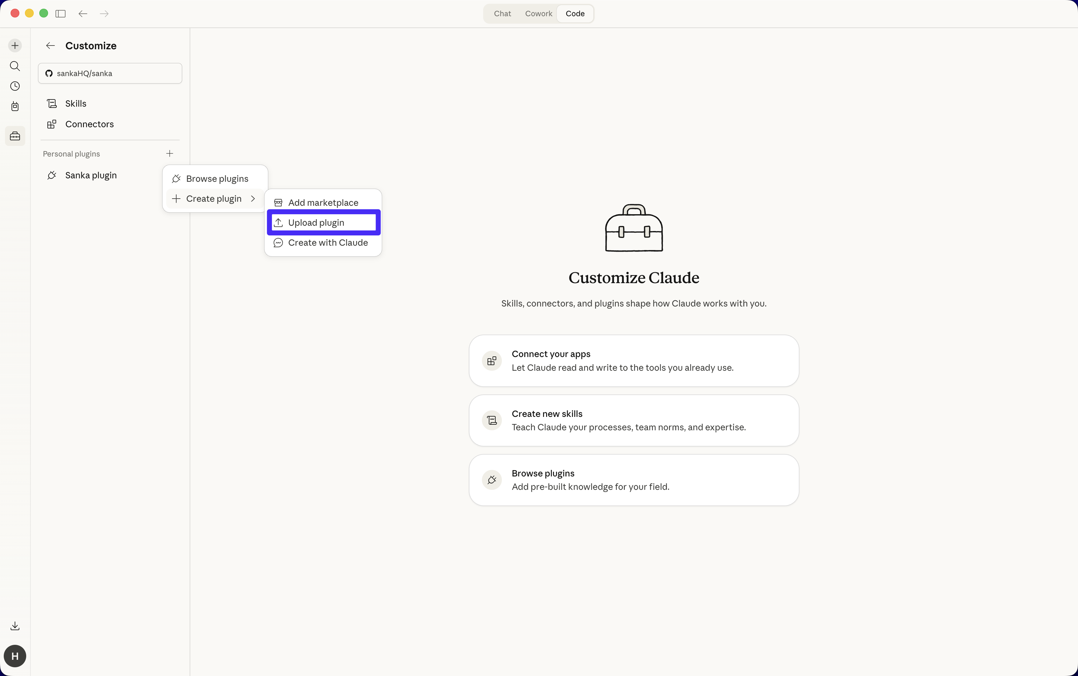 Claude upload plugin menu