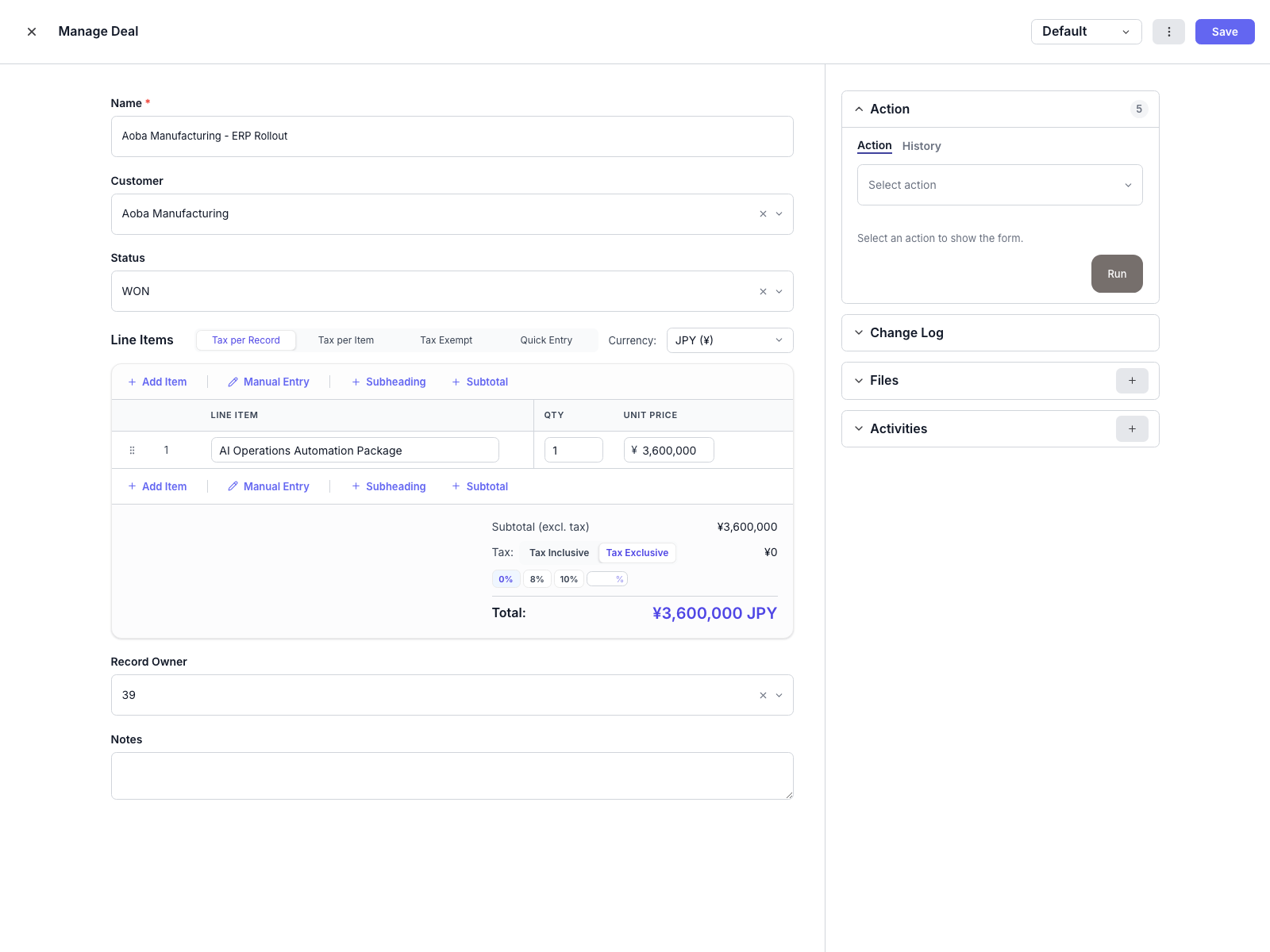 Deal detail showing amount and contact info
