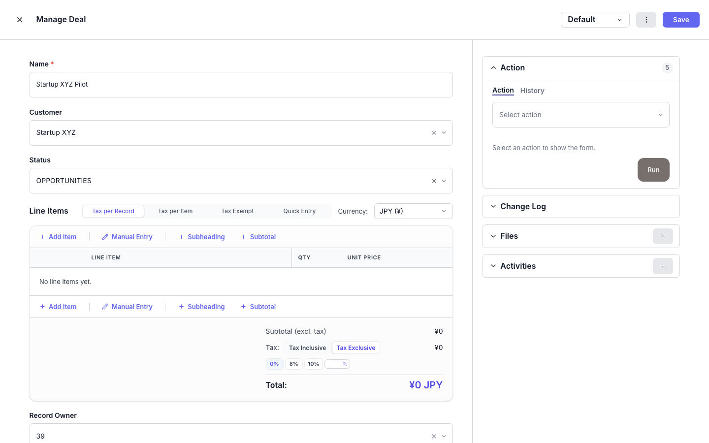 Deal detail showing sparse data and no recent activity